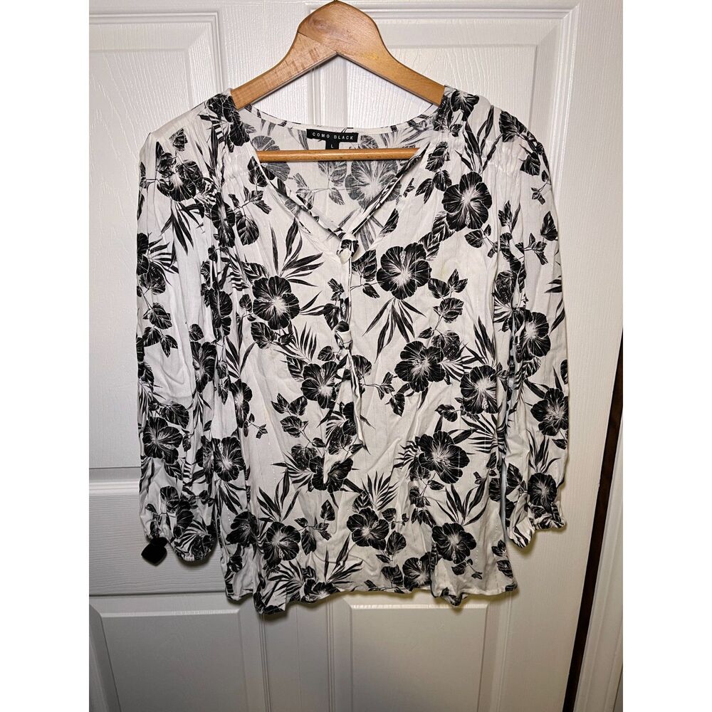 Como Black Floral Tropical Blouse Women’s Large Black White 3/4 Sleeve